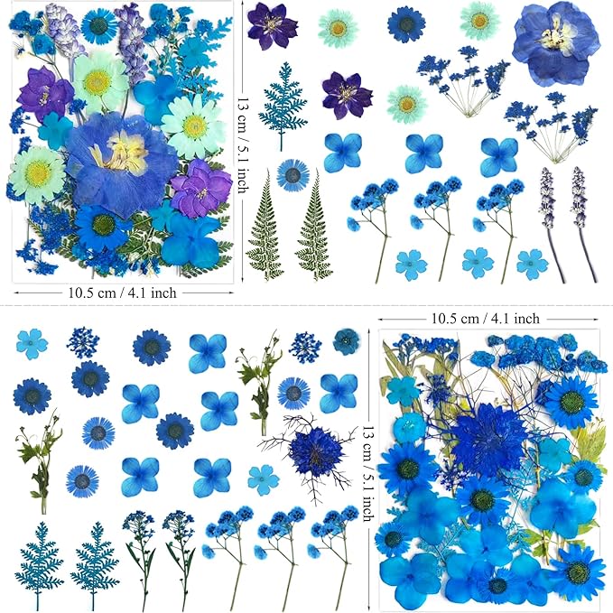 94Pcs Blue Dried Pressed Flowers for Resin Molds, Assorted Real Natural Bulk Dry Floral Leaves for DIY Art Crafts, Epoxy Jewelry, Candle, Soap Making, Nails Decors Gifts