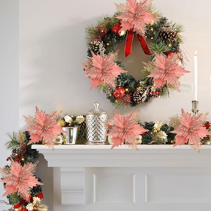 10'' Large Christmas Glitter Poinsettia Flowers Decorations, stadeco 10 Pcs Christmas Tree Picks Ornaments Artificial Flowers with Long Stems for Xmas Tree Wreath Garland Wedding Party DIY Decor