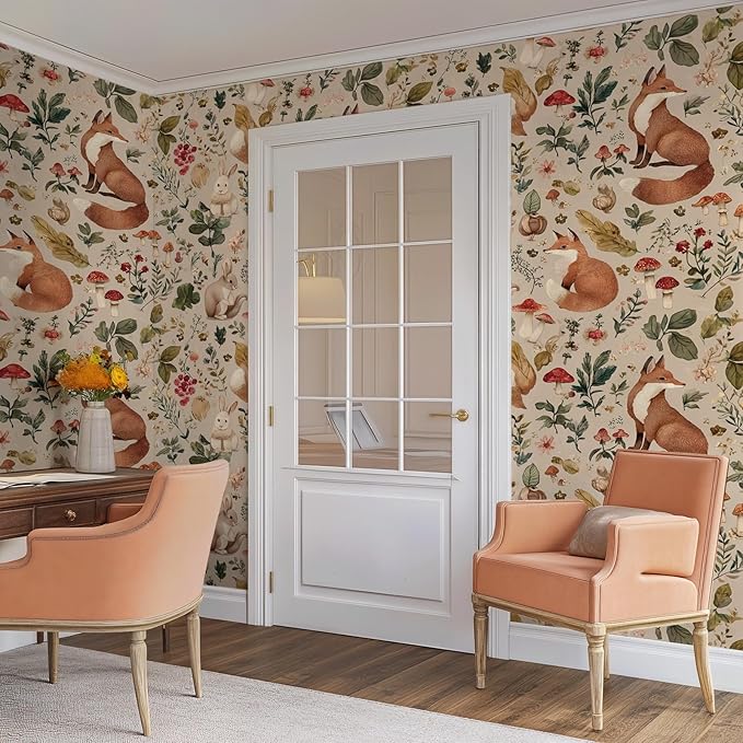 Animal Peel and Stick Contact Paper Moody Fox Rabbit Mushroom Botanical Leaf Removable Wallpaper 17.7" x 236.22" Wall Paper Watercolor Self Adhesive for classroom Bedroom laundry room bathroom