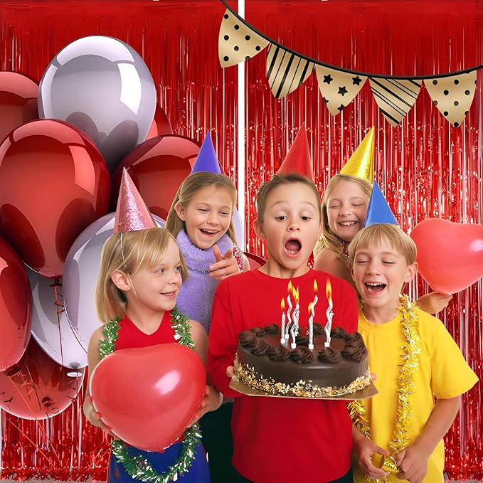 Keyali 2 Pack 3.3 * 8.3 ft Foil Curtain Metallic Tinsel Fringe Curtains Photo Booth Props Backdrop for Birthday Wedding Engagement Baby Shower Christmas Holiday Celebration Partyl,Red
