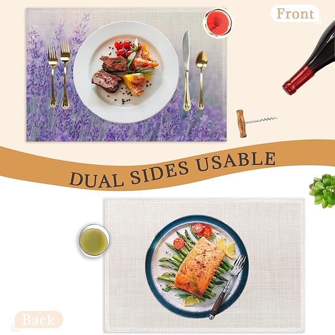 Purple Lavender Placemats Set of 6,Washable Heat Resistant 12×18 Inch Linen Table Mats Flower Weed Place Mats for Party Outdoor Dining Décor