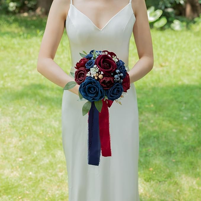 ponatia Navy Blue Wedding Bouquets for Bride Bridesmaid, BurgundyWedding Artificial Roses Flowers for Wedding Bouquets Ceremony, Anniversary (Burgundy & Navy Blue)