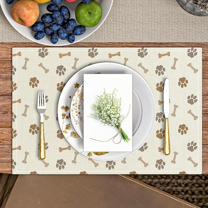 Puppy Themed Placemats Set of 4, Dog Paw Print Table Mat for Home Kitchen, Restaurants, Outdoor Linen Washable Place Mats 12x18 inch Party Event Dining Decoration-09