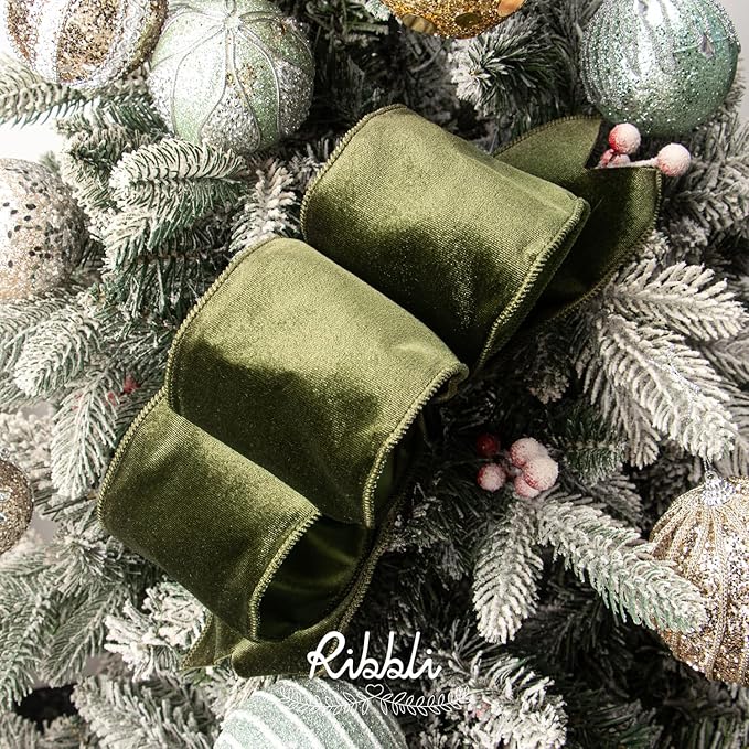 Ribbli Moss Green Velvet Wired Ribbon 4 Inch Velvet with Satin Christmas Ribbon for Gift Wrapping Christmas Tree Decoration Crafts Wreaths Supplies-Continuous 10 Yards