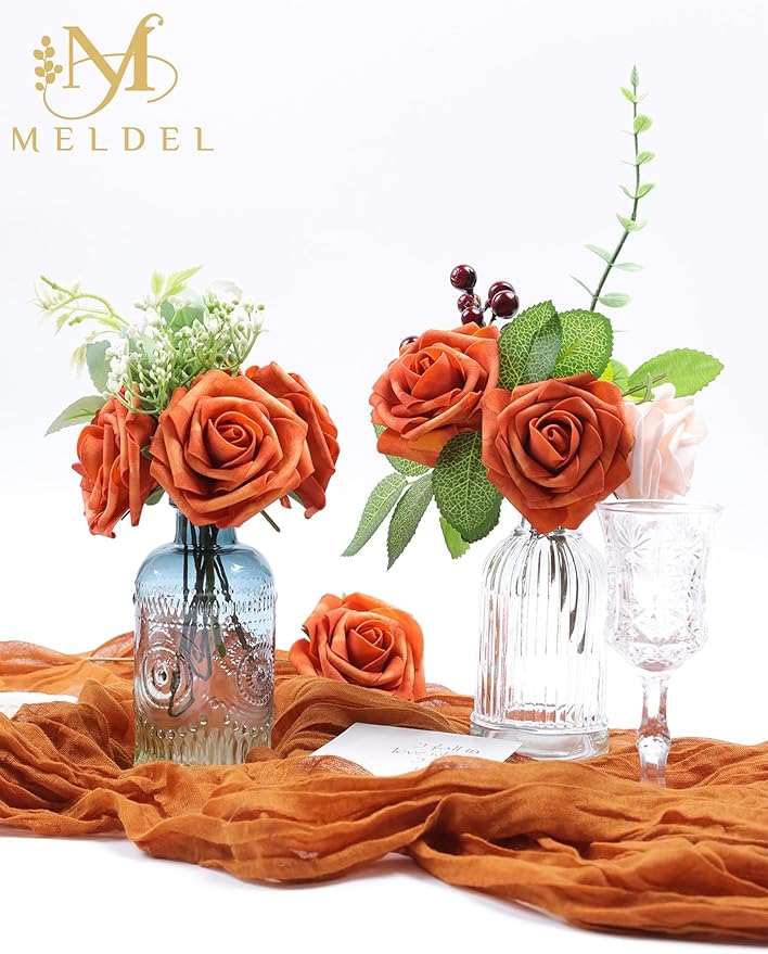 Meldel Artificial Flowers 50pcs Real Looking Burnt Orange Foam Fake Roses with Stems for DIY Wedding Bouquets Bridal Shower Centerpieces Floral Arrangements Home Decorations Crafts
