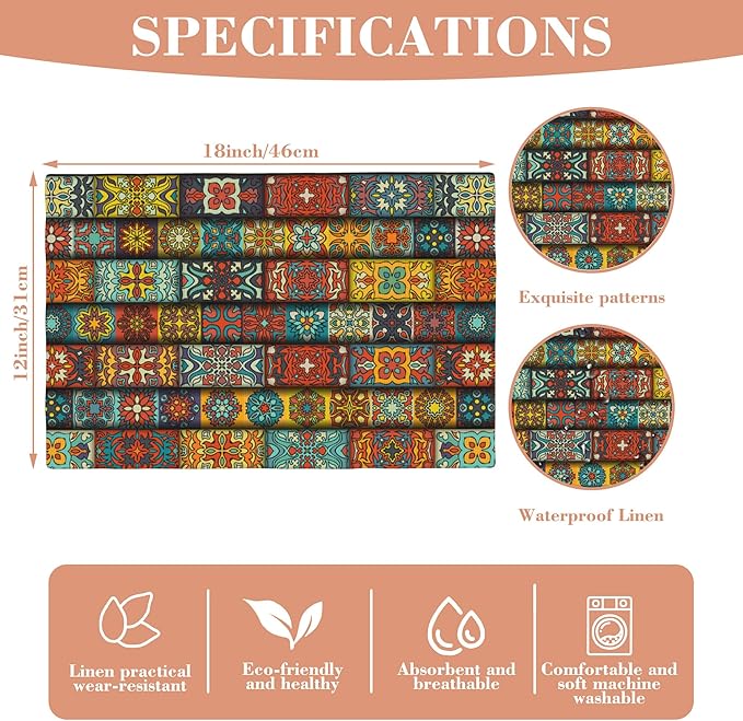 Placemats Set of 4 Vintage Floral and Mandala Dining Place Mats Linen Table Mat for Farmhouse Home Kitchen Decor 12 X 18 Inch