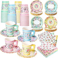 180 Pcs Floral Paper Tea Cups and Plates 9 OZ Disposable Paper TeaCups and Saucers with Tea Party Napkins Set for Tea Party Decoration Birthday Wedding Bridal Shower Party Supplies