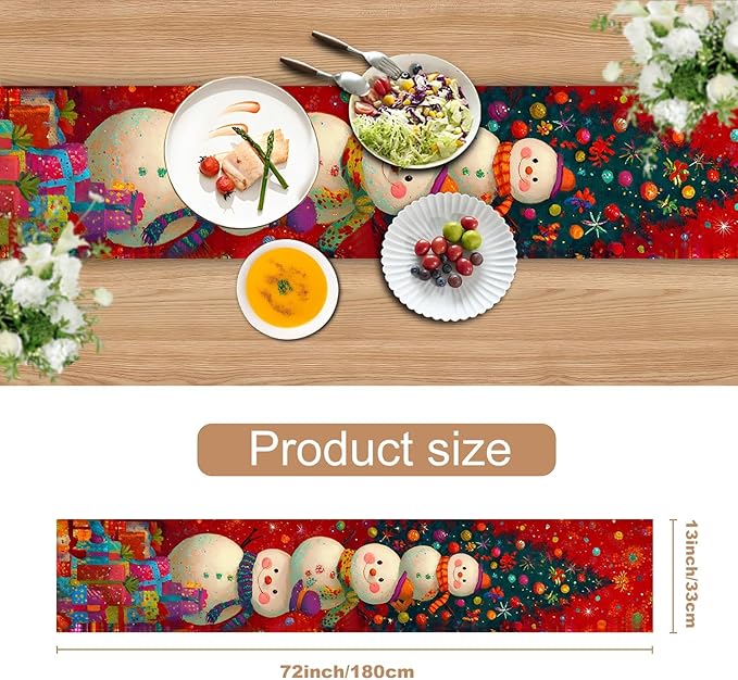 Christmas Table Runner 13 x 72 Inch, Holiday Snowman and Christmas Tree Design, Festive Red Winter Table Decoration with Gifts, Dining Table Centerpiece for Xmas Party Home Decor