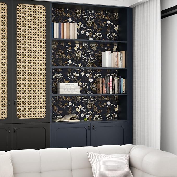 Dark Floral Wallpaper Peel and Stick 17.5in x 118in Navy Gold Leaf Wallpaper Vinyl Waterproof Self-Adhesive Boho Dark Blue Botanical Wall Paper Mural for Bookcase Bedroom Cabinet Decor