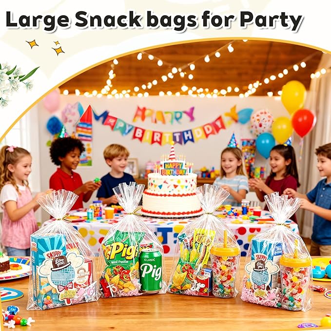 PigPotParty 10"x 14", 50Pcs Bottom Gusset Bags, Clear Plastic Gift Cellophane Mug Treat Goodie Bags with 50x Twist Ties, Large Party Favor Packaging, Toy Wrapping (No Side Gusset)