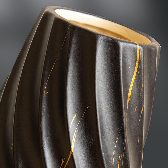 10 inch Tall Ribbed Ceramic Vase for Flowers,Boho Vases for Pampas Grass,Fluted vase,Simple Modern Decorative Vase for Home Decor Table Centerpieces (Black,Gold Marble)