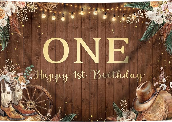 SVBright Western Cowgirl First Birthday Backdrop 5Wx3H One Year Old West Rustic Pampas Grass Country Wooden Flower Retro Boots Hat Decorations Photography Background Banner Photo Booth Studio