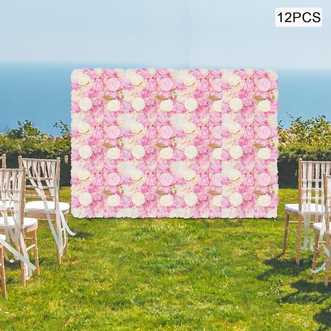 12Pcs Artificial Flower Wall Panel,3D 15" X 15" Silk Rose Mat Artificial Flower Wall,Decorative Backdrop Flower Panels Wall for Wedding Party Stage Baby Shower Decor (Pink,White)