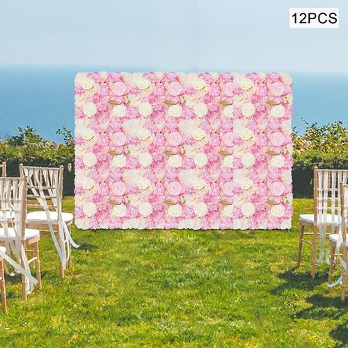 12pcs Artificial Flower Panels, 3D Floral Mat Silk Hydrangea Rose Floral Panel for Wedding Backdrop Wall Decor Shop Photo Backdrop, Festival & Event Wall Décor (15 x15in, Pink)