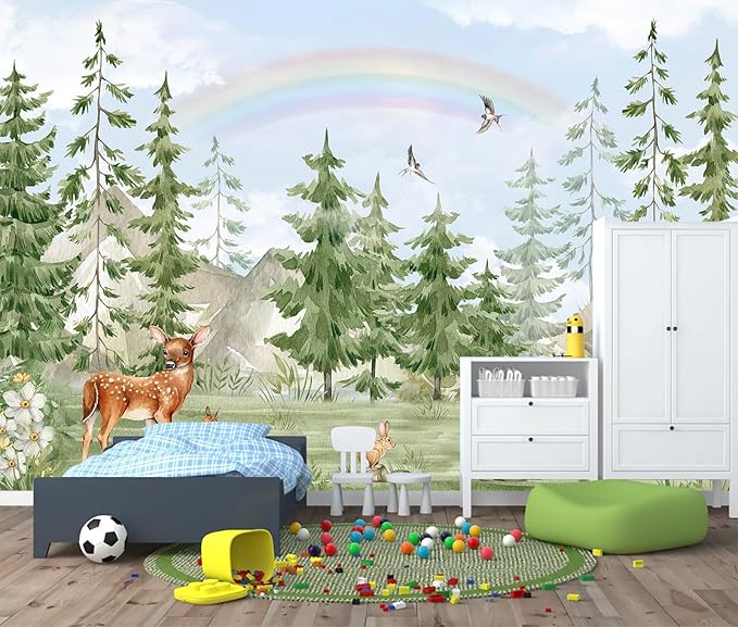 Forest Animals Kids Wallpaper Peel and Stick Nursery Pine Tree Self Adhesive Wall Mural for Children's Room Bedroom 157"x108"