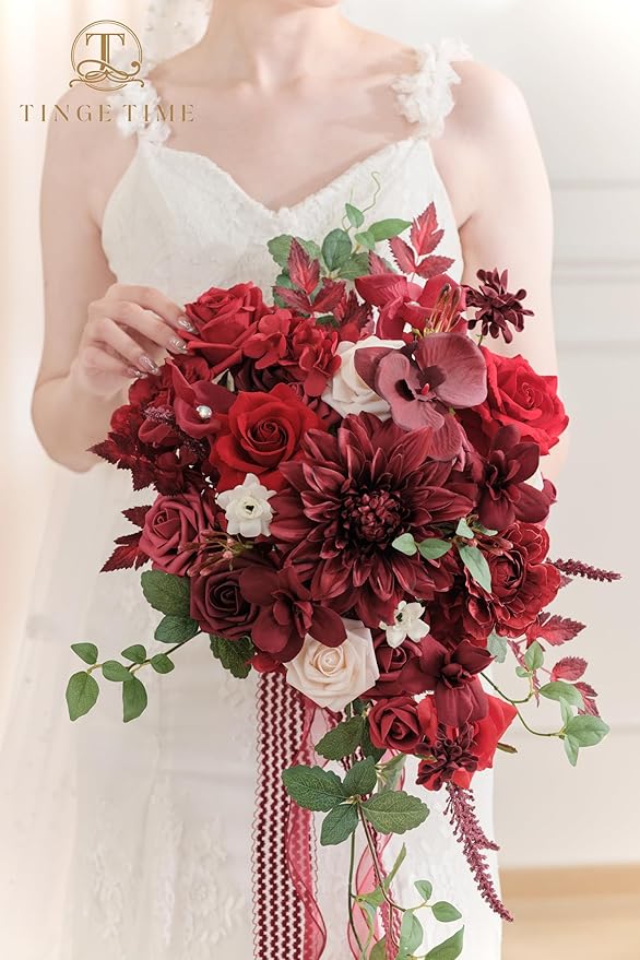 TINGE TIME 15 Inch Artificial Wedding Bouquets for Bride, Cascading Bouquet Wedding Bride Holding Flowers for Wedding Ceremony Anniversary, Bridal Shower and Party (Burgundy Red)