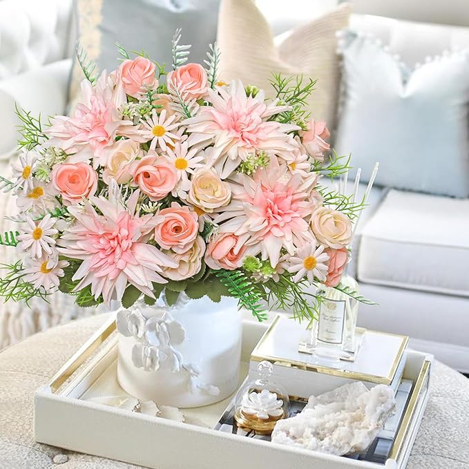 2PCS Artificial Flowers Dahlia Bouquet Fake Flowers Pink Silk Roses Daisies Faux Floral Arrangements for Dining Table Centerpieces for Kitchen Bridal Bouquet Wedding Party Home Decor