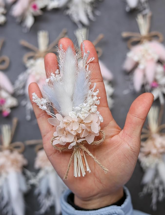 Mini Dried Flower Bouquet Set (12 pcs), Pink Bouquet, Birthday Cake Arrangement, Bridesmaid Flower Girl Proposal Gift Box, Groom Corsage(Pink)