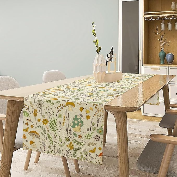 Wild Mushroom Table Runner, Vintage Botanical Rustic Retro Wildflower Herbs Plants Green Mushroom Table Cover for Home Kitchen Dining Decor Indoor Outdoor Party, 13x70inch