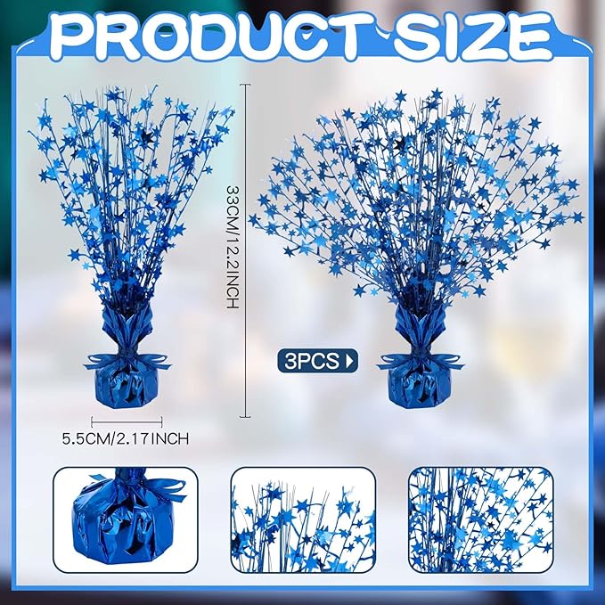Crowye 3 Pieces Metallic Foil Spray Centerpiece Halloween Party Star Table Decoration Burst Centerpieces Fall Table Decor for Birthday New Year Party Holiday(Blue)