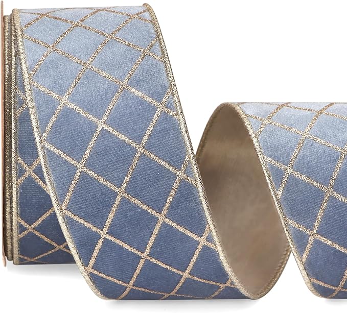 Ribbli Dusty Blue Velvet Ribbon Wired with Glitter Diamond Grid 2-1/2 Inch Christmas Ribbon for Christmas Tree Decoration Big Bow Gift Wrapping Crafts Wreaths Garland Supplies - 10 Yards