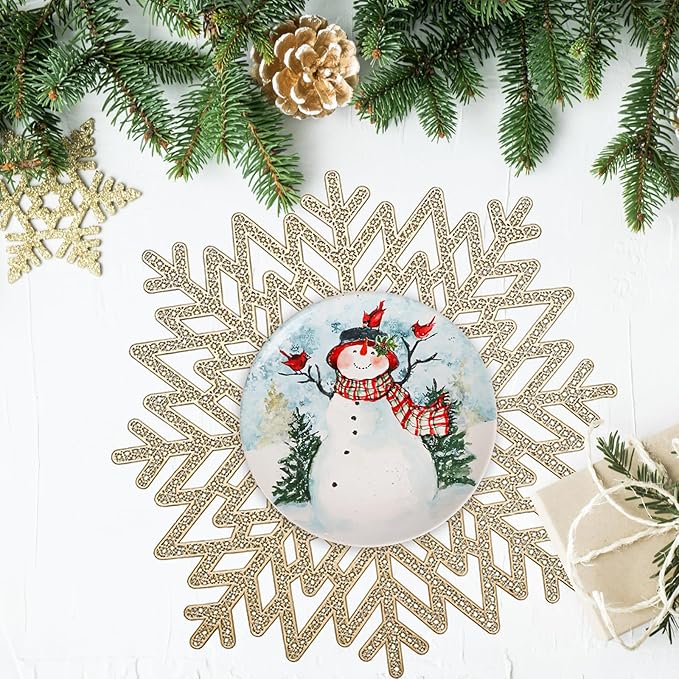 Snowflake Placemats Set of 6, Washable Christmas Placemats Snowflake Tablemats Hollow Out Round Vinyl Place Mats for Dining Table Setting Kitchen Table Mats Christmas Decoration(Gold Snowflake)