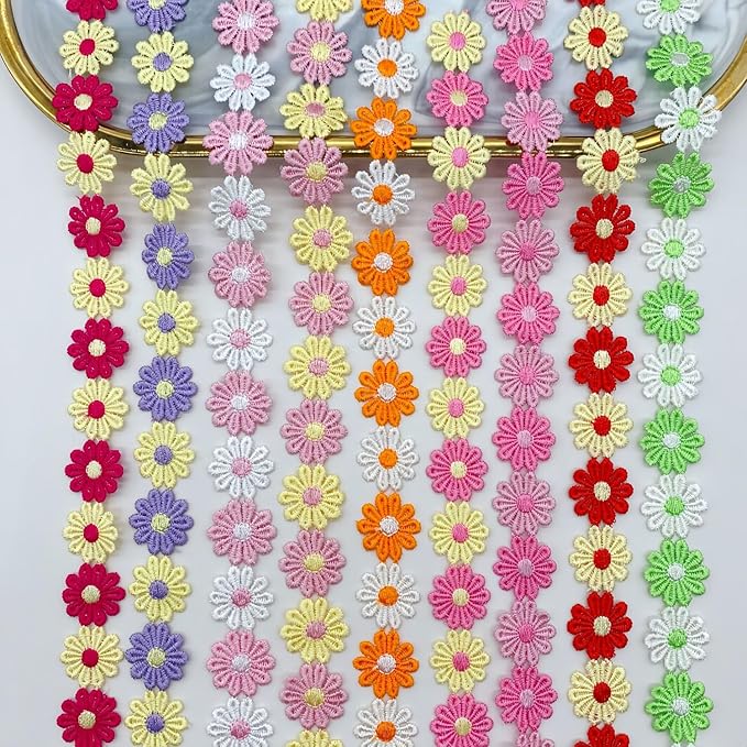 15 Yards Daisy Flower Lace Trim Embroidered Floral Lace Sewing Trim Ribbons for Embellishment Craft Dress Hair Accessories Decorations(White/Pink)