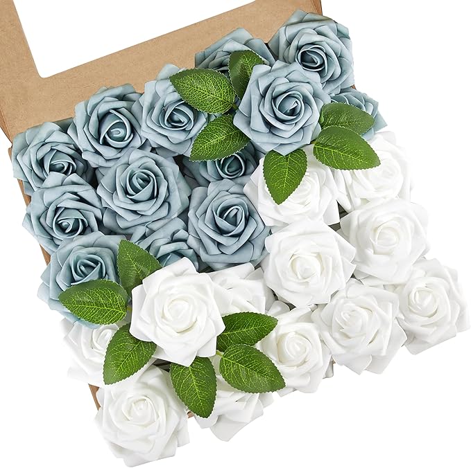 Artificial Flowers, 50pcs Dusty Blue and White Artificial Rose for DIY Wedding Bouquets Centerpieces Arrangements, Fake Flower with Stems for Party Home Decorations