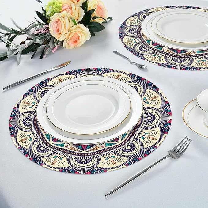 Mandala Round Placemat Set of 4 Elegant Linen Table Mats for Dining, Heat Resistant, Stain Resistant Perfect for Dinner Parties, Restaurants, and Everyday Use