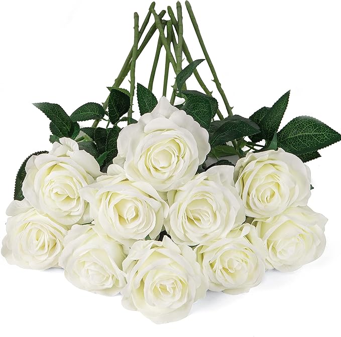 Flojery 10pcs White Silk Roses Artificial Rose Flowers Long Stem for DIY Wedding Bouquet Table Centerpiece Home Décor