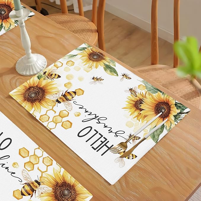 Farmhouse Sunflower Placemats Set of 4, Hello Sunshine Place Mats, Rustic Bee Dining Table Mats, Washable Placemats for Kitchen Dining Room Home Decor 18L'' × 12W''