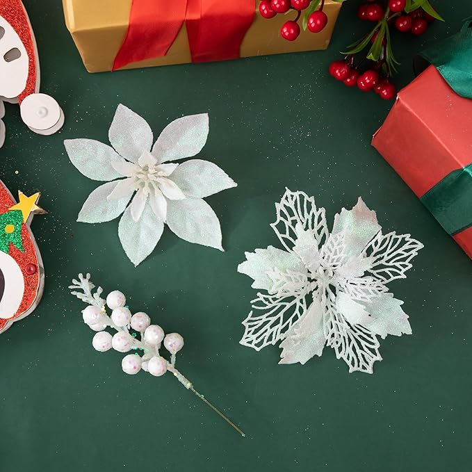 24Pcs White Glitter Poinsettia Christmas Tree Ornaments and Glitter Berries Stems, 16Pcs Christmas Artificial Flowers and 8 Pack Christmas Tree Picks for Wedding Holiday Decorations