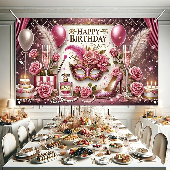 High Heel Birthday Party Backdrop, Glamorous Pink Gold High Heel Shoe Glitters, Polyester Fabric, Ideal for Women's Birthday Parties