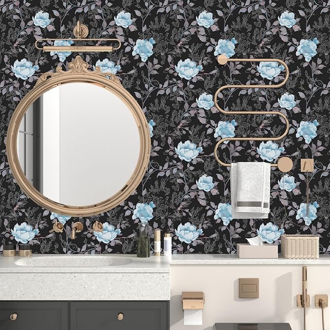 Black Blue Floral Peel and Stick Wallpaper Flowers Contact Paper 17.5"x118" Self Adhesive Waterproof Vintage Dark Floral Wall Paper for Shelf Liner Cabinet Decor