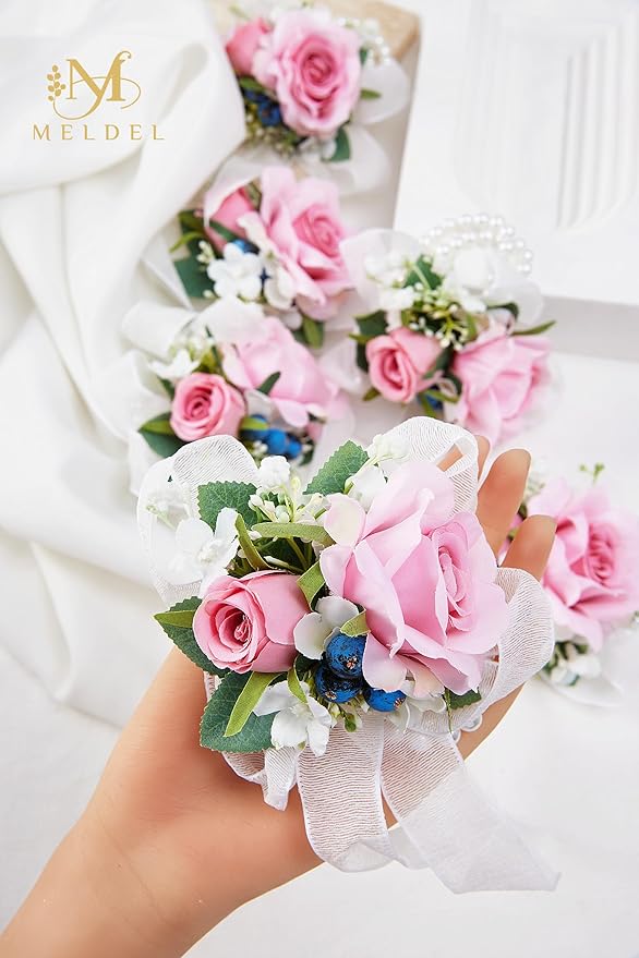 Meldel Pink Wrist Corsage for Wedding Bride Bridesmaids Bridal Shower, Set of 6, Corsages for Prom Suit Accessories, Mother of Bride and Groom, Wrist flower for Party Suit Decoration Ceremony