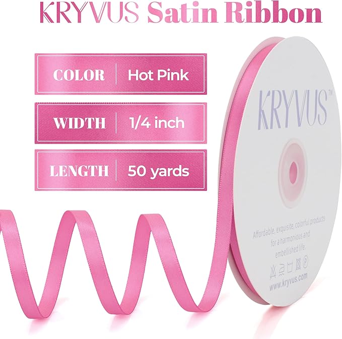 Hot Pink Satin Ribbon, Double Faced 1/4 Inch X 50 Yards Hot Pink Ribbon, Premium Satin Ribbon for Gift Wrapping, Crafts, Hair Bow Making, Sewing, Flower Bouquet, Wedding Party Decor