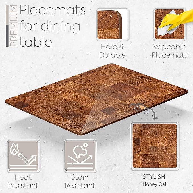 Set of 4 Heat Resistant Cork Placemats for Dining Table with Free Set of 4 Matching Drink Coasters Marble Design 16 x 12 Inches Cork Backed Hard Placemats (Honey Oak)