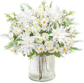 4PCS Artificial Flowers Dahlia Bouquet Fake Flowers White Silk Roses Daisies Faux Floral Arrangements for Dining Table Centerpieces for Kitchen Bridal Bouquet Wedding Party Home Decor