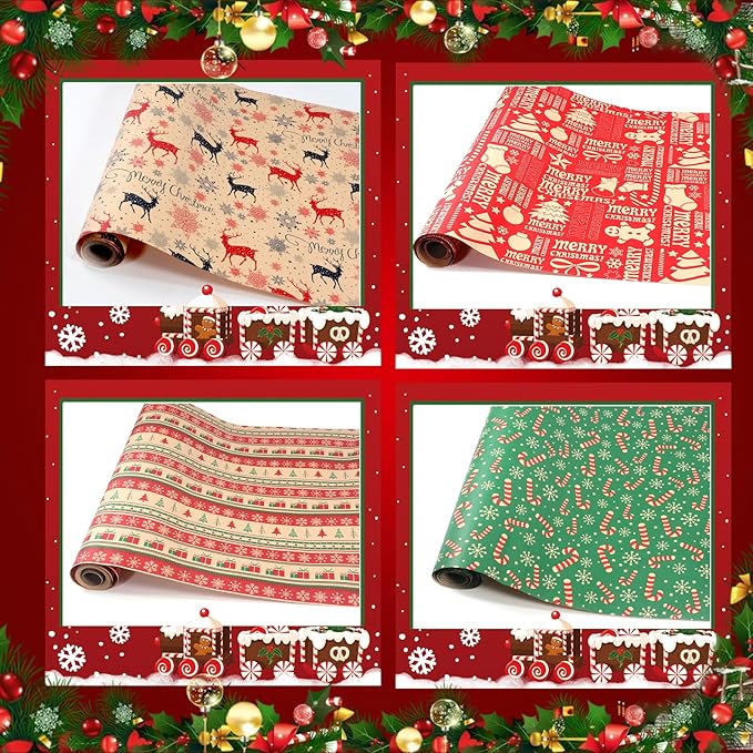Panigkids Christmas Wrapping Paper Set with Jute Twine, Red, Green & Natural Kraft Rolls with Candy Canes, Reindeer & Merry Christmas Print (17 inch x 17 ft) 4 Rolls