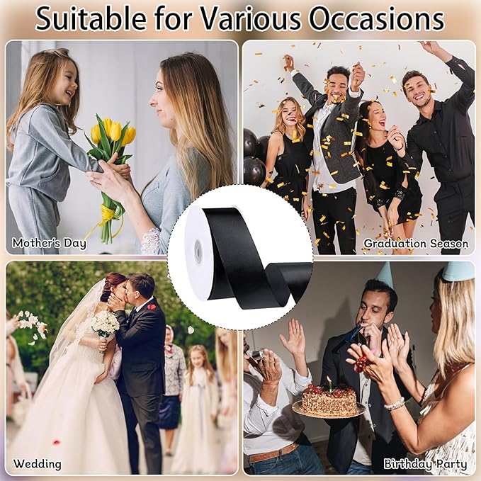 Black Ribbon 1 1/2 inch 60 Yards Satin Craft Fabric Ribbon for Halloween Decor Gift Wrapping Floral Flower Bouquet Bows Making Party Clothes Christmas Decorations