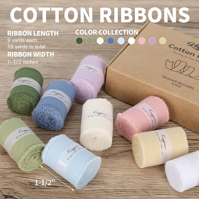 1-1/2" x 18 Yd Cotton Ribbon for Gift Wrapping Wedding Invitations Bridal Flower Bouquets, Mixed Color Fabric Ribbons Set 2 Yards x 9 Rolls