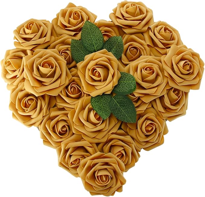 [25PCS] Gold Roses Artificial Flowers with Long Stem Real Touch Fake Foam Roses for Decoration DIY Wedding Bouquets Centerpieces Bridal Shower Mothers Day Party Flower Arrangements Home Decor