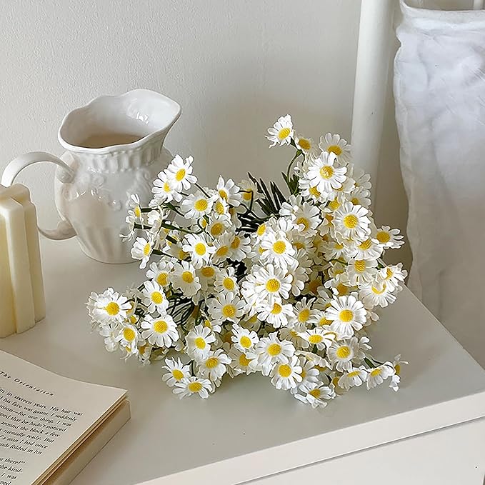 Artificial Daisies Flowers, 2 Bouquets (12 Stems) Small Faux Daisy Décor, Plastic Flowers for Garden, Porch, Window Box, Home, Wedding Decorations (Vase Not Inclouded)