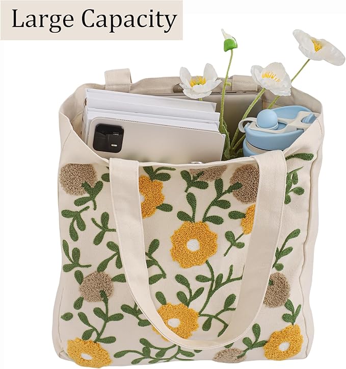 Aesthetic Embroidery Tote Bag for Lady Cute Reusable Canvas Shoulder Bag for Girls Women Shopping Grocery
