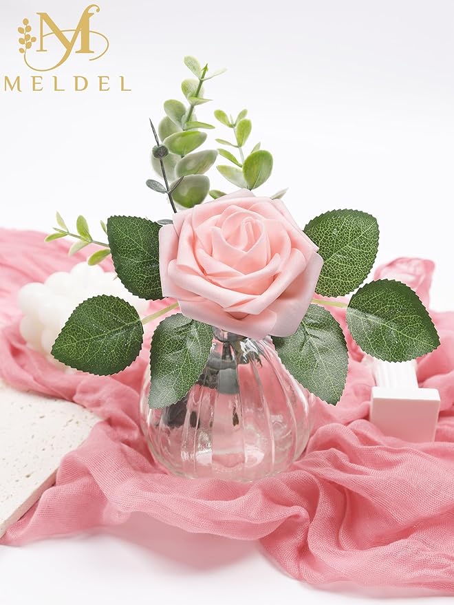 Meldel Artificial Flowers 25pcs Real Looking Blush Foam Fake Roses with Stems for DIY Wedding Bouquets Bridal Shower Centerpieces Floral Arrangements Home Decorations
