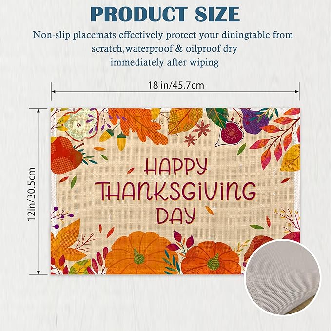 Happy Thanksgiving Day Placemats Set of 4, Linen Place Mats Heat Resistant Non-Slip Washable Table Mats for Dining Kitchen Party Decor 12"x18"