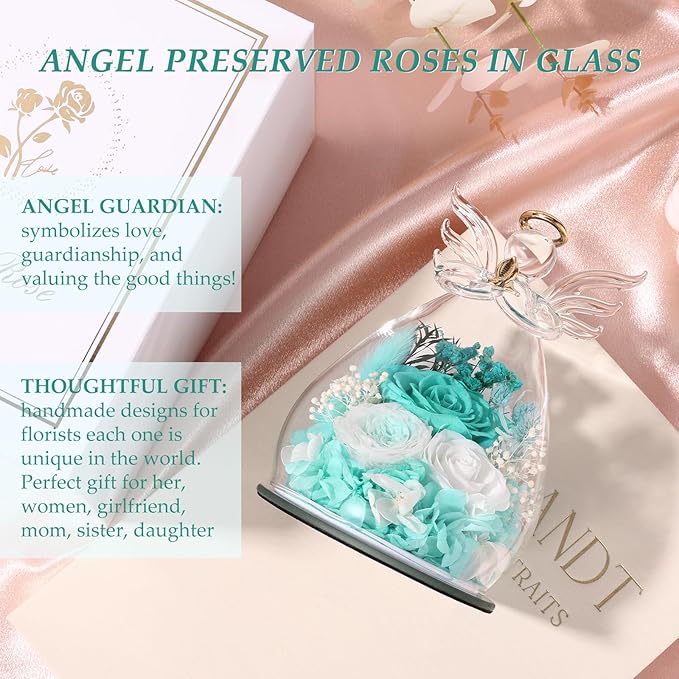 FIACO Gifts for Women Birthday Preserved Rose Forever Flower in Glass Angel Figurines Fresh Flowers for Delivery Prime for Mom Real Roses for Grandma Sister Wife Her from Daughter