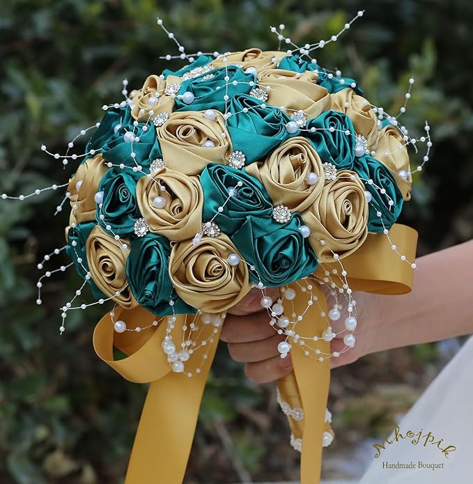 Bridal Wedding Bouquet Round Bling Brooch Bouquet Throw Toss Artificial Rose Flower Bunch for Bride Bridesmaid Wedding Quinceanera(Dark Green & Gold, 9.8")
