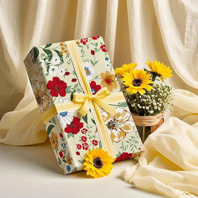 WRAPAHOLIC Floral Wrapping Paper Roll - Mini Roll - 17 Inch x 9.8 Feet - Wild Flower Wrapping Paper, Perfect for Girls Women Birthday, Wedding, Bridal Shower