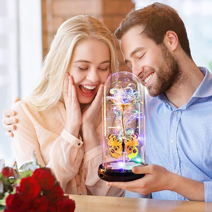 Christmas Rose Gifts for Women, Womens Gift for Christmas Rechargeable Galaxy Glass Rose Light Up Roses In Glass Dome Colorful Crystal Flower Butterfly Birthday Xmas Gifts for Women Her Wife Grandma